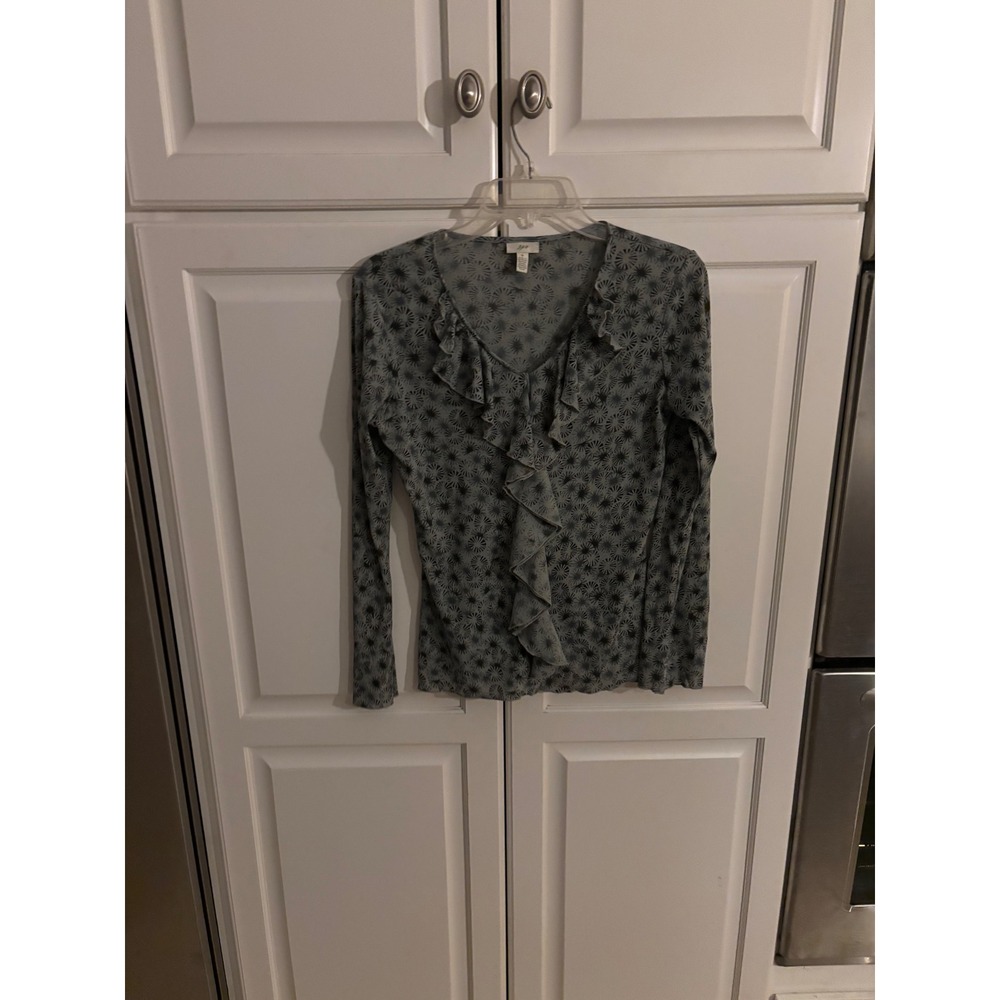 J. Jill Womens Grey Starburst Print Ruffle V-Neck Long Sleeve Blouse Size Small